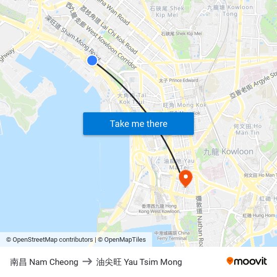 南昌 Nam Cheong to 油尖旺 Yau Tsim Mong map