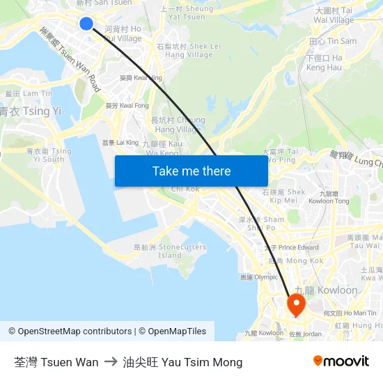 荃灣 Tsuen Wan to 油尖旺 Yau Tsim Mong map