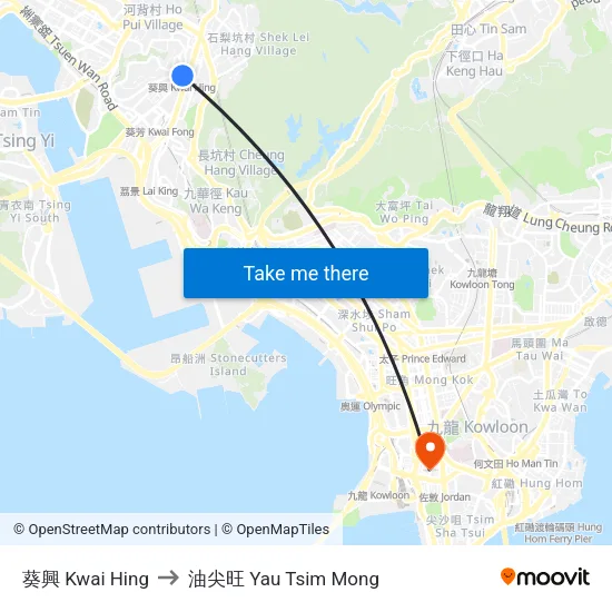 葵興 Kwai Hing to 油尖旺 Yau Tsim Mong map