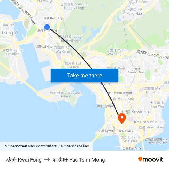 葵芳 Kwai Fong to 油尖旺 Yau Tsim Mong map