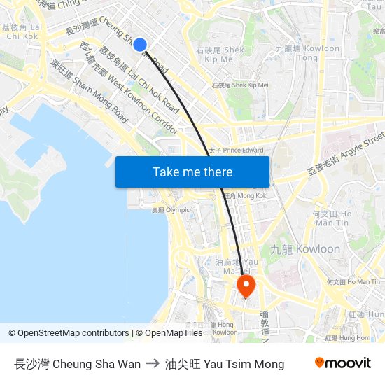 長沙灣 Cheung Sha Wan to 油尖旺 Yau Tsim Mong map