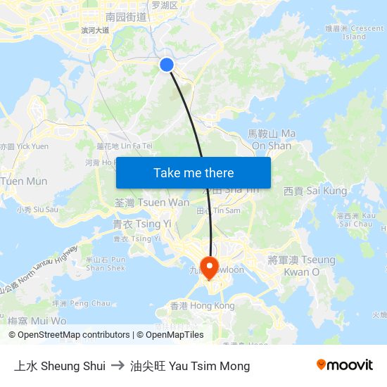 上水 Sheung Shui to 油尖旺 Yau Tsim Mong map