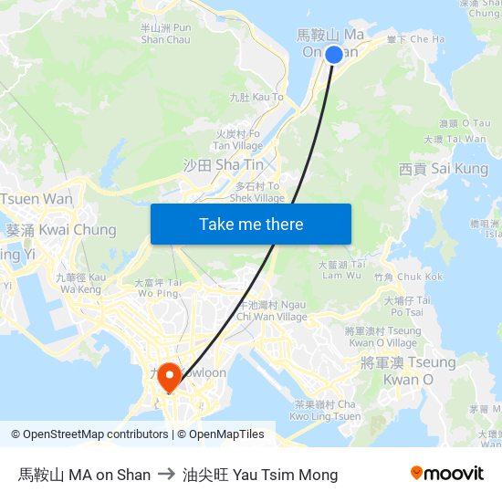 馬鞍山 MA on Shan to 油尖旺 Yau Tsim Mong map