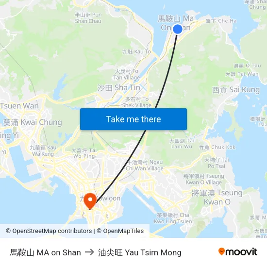 馬鞍山 MA on Shan to 油尖旺 Yau Tsim Mong map