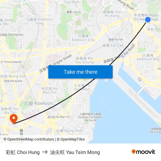 彩虹 Choi Hung to 油尖旺 Yau Tsim Mong map