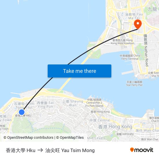 香港大學 Hku to 油尖旺 Yau Tsim Mong map