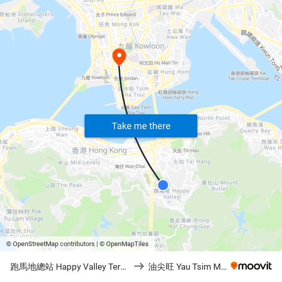 跑馬地總站 Happy Valley Terminus to 油尖旺 Yau Tsim Mong map