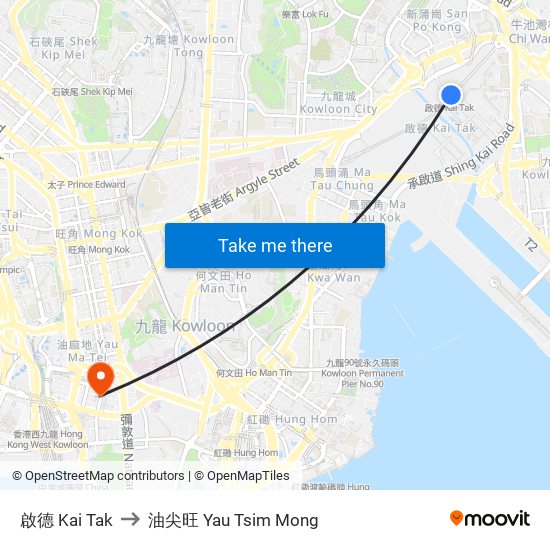 啟德 Kai Tak to 油尖旺 Yau Tsim Mong map