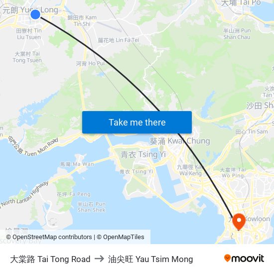 大棠路 Tai Tong Road to 油尖旺 Yau Tsim Mong map