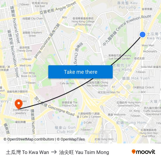 土瓜灣 To Kwa Wan to 油尖旺 Yau Tsim Mong map