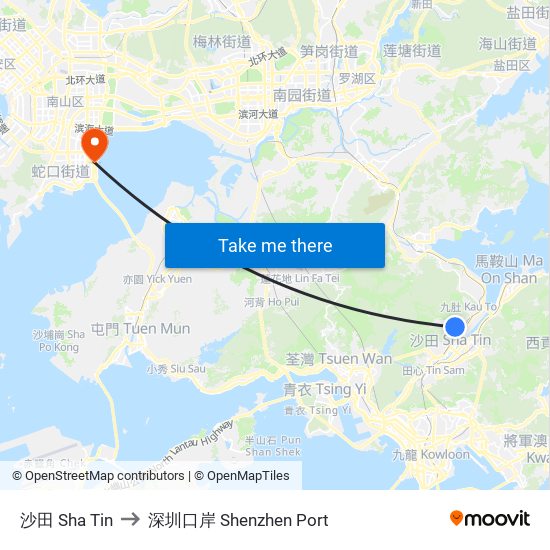 沙田 Sha Tin to 深圳口岸 Shenzhen Port map