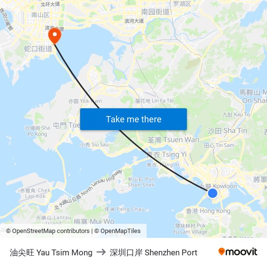 油尖旺 Yau Tsim Mong to 深圳口岸 Shenzhen Port map