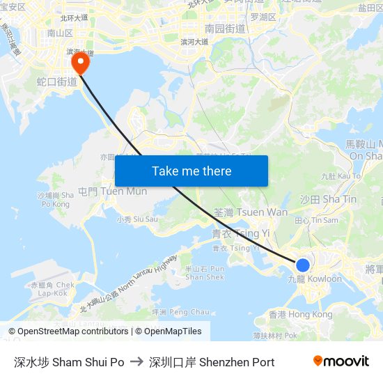 深水埗 Sham Shui Po to 深圳口岸 Shenzhen Port map
