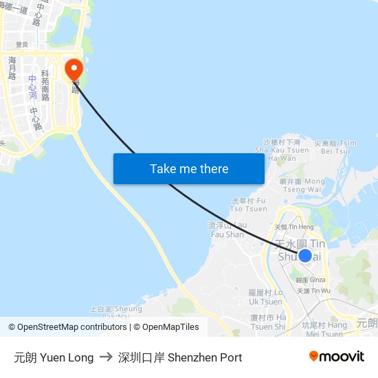 元朗 Yuen Long to 深圳口岸 Shenzhen Port map