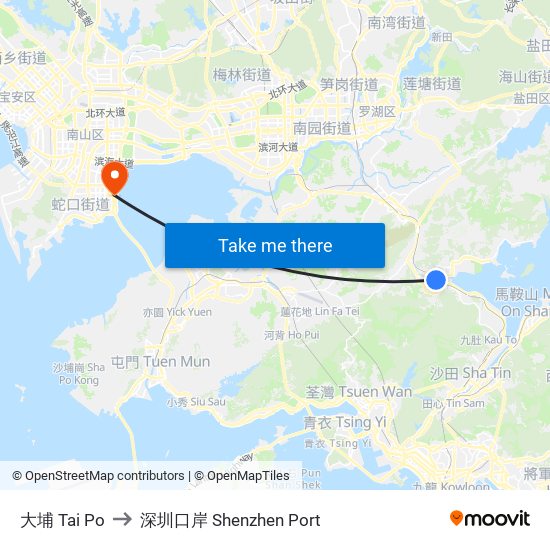 大埔 Tai Po to 深圳口岸 Shenzhen Port map