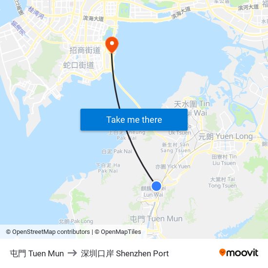 屯門 Tuen Mun to 深圳口岸 Shenzhen Port map