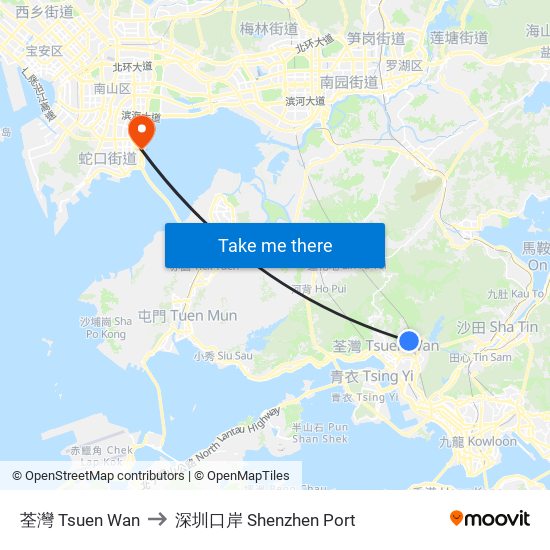 荃灣 Tsuen Wan to 深圳口岸 Shenzhen Port map