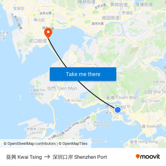 葵興 Kwai Tsing to 深圳口岸 Shenzhen Port map