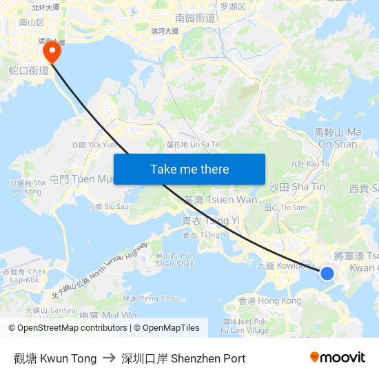 觀塘 Kwun Tong to 深圳口岸 Shenzhen Port map