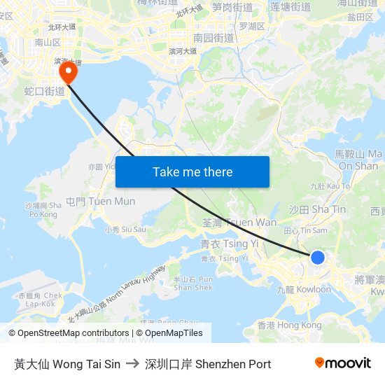 黃大仙 Wong Tai Sin to 深圳口岸 Shenzhen Port map
