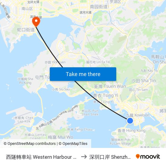 西隧轉車站 Western Harbour Tunnel Bbi to 深圳口岸 Shenzhen Port map