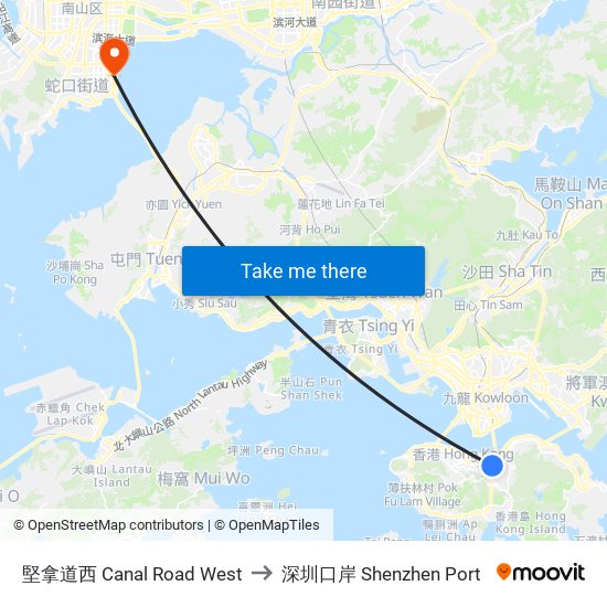 堅拿道西 Canal Road West to 深圳口岸 Shenzhen Port map