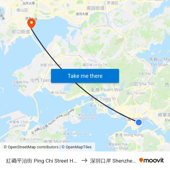 紅磡平治街 Ping Chi Street Hung Hom to 深圳口岸 Shenzhen Port map