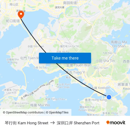 琴行街 Kam Hong Street to 深圳口岸 Shenzhen Port map