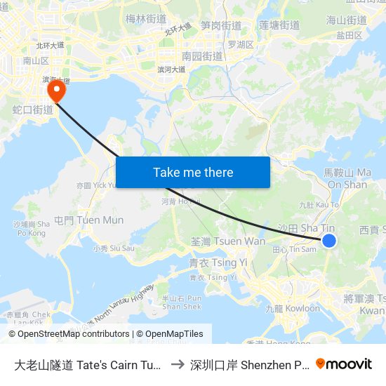 大老山隧道 Tate's Cairn Tunnel to 深圳口岸 Shenzhen Port map