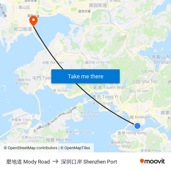 麼地道 Mody Road to 深圳口岸 Shenzhen Port map