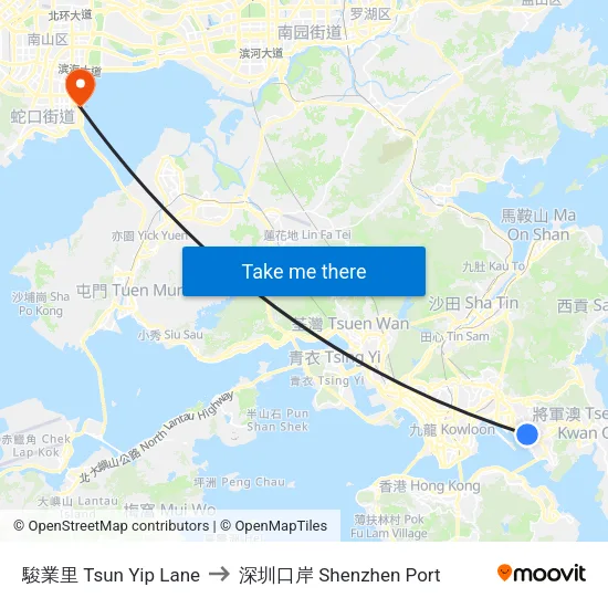 駿業里 Tsun Yip Lane to 深圳口岸 Shenzhen Port map