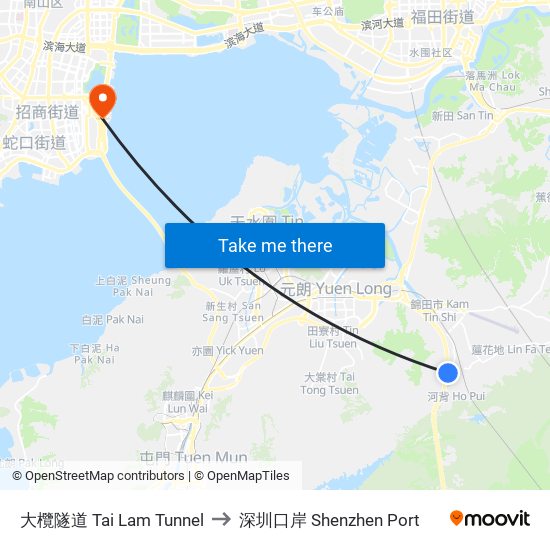 大欖隧道 Tai Lam Tunnel to 深圳口岸 Shenzhen Port map