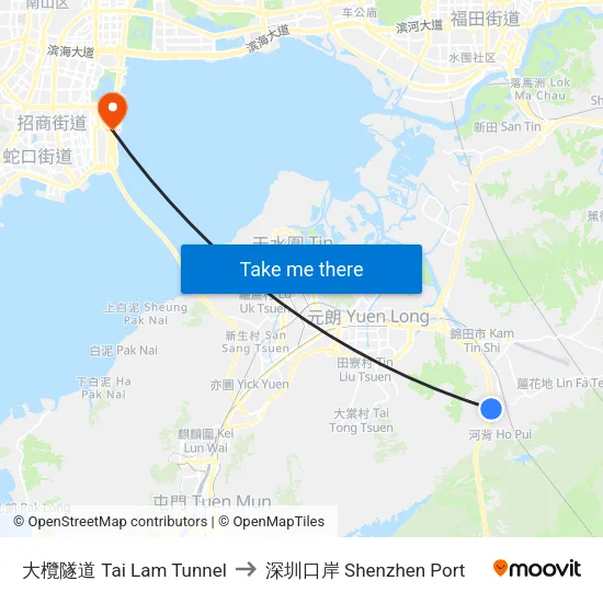 大欖隧道 Tai Lam Tunnel to 深圳口岸 Shenzhen Port map