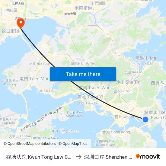 觀塘法院 Kwun Tong Law Courts to 深圳口岸 Shenzhen Port map
