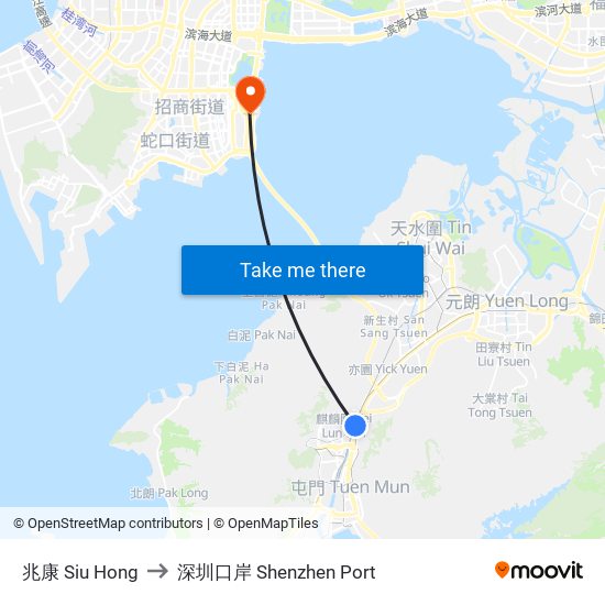 兆康 Siu Hong to 深圳口岸 Shenzhen Port map