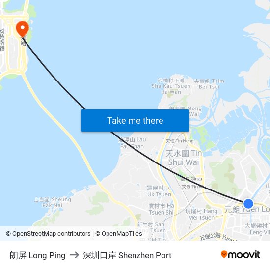 朗屏 Long Ping to 深圳口岸 Shenzhen Port map