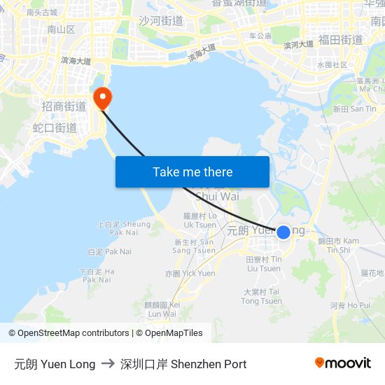 元朗 Yuen Long to 深圳口岸 Shenzhen Port map