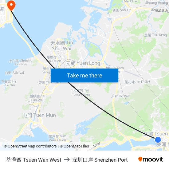 荃灣西 Tsuen Wan West to 深圳口岸 Shenzhen Port map