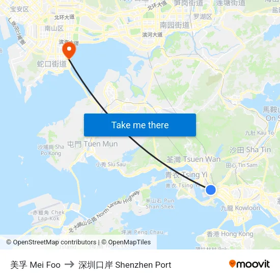 美孚 Mei Foo to 深圳口岸 Shenzhen Port map
