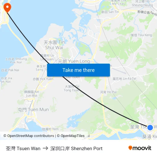 荃灣 Tsuen Wan to 深圳口岸 Shenzhen Port map