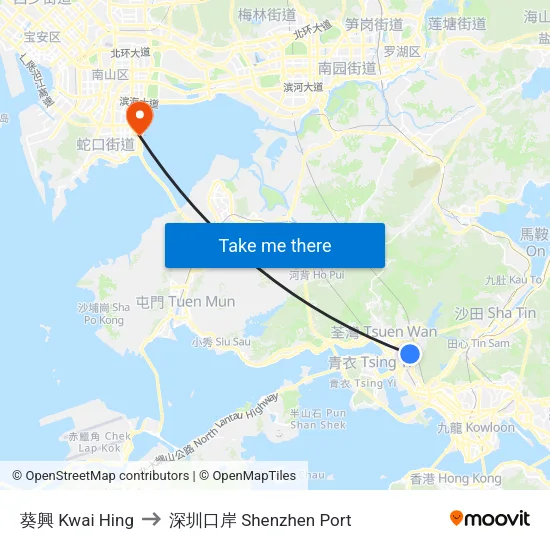 葵興 Kwai Hing to 深圳口岸 Shenzhen Port map