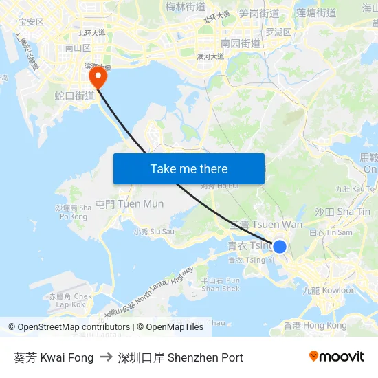 葵芳 Kwai Fong to 深圳口岸 Shenzhen Port map