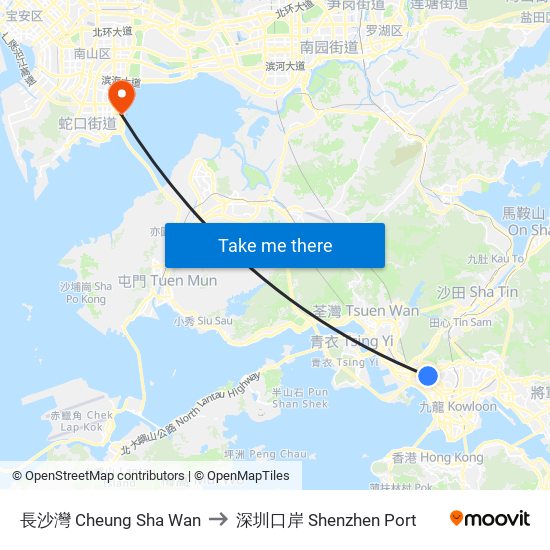 長沙灣 Cheung Sha Wan to 深圳口岸 Shenzhen Port map