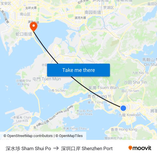 深水埗 Sham Shui Po to 深圳口岸 Shenzhen Port map