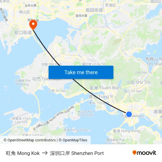 旺角 Mong Kok to 深圳口岸 Shenzhen Port map
