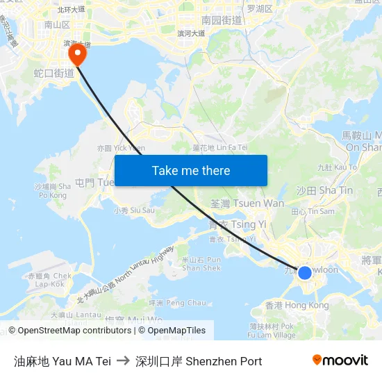 油麻地 Yau MA Tei to 深圳口岸 Shenzhen Port map