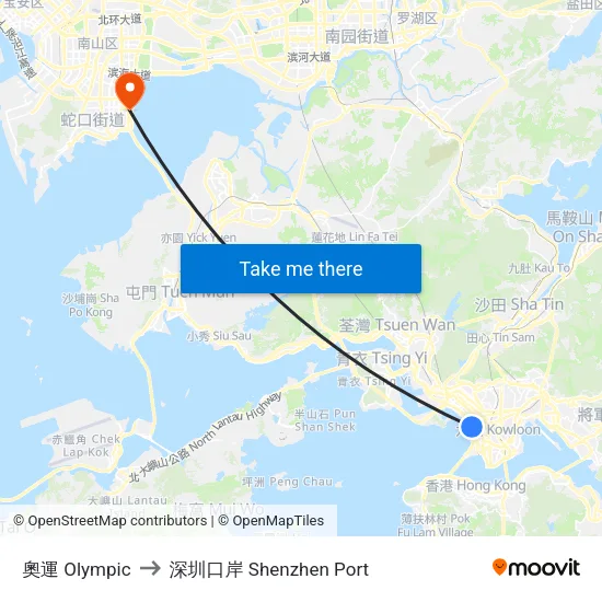 奧運 Olympic to 深圳口岸 Shenzhen Port map