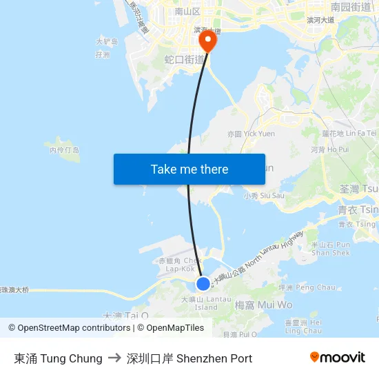 東涌 Tung Chung to 深圳口岸 Shenzhen Port map