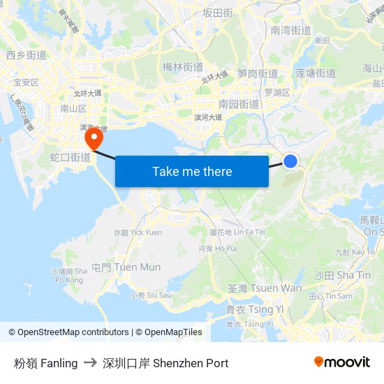 粉嶺 Fanling to 深圳口岸 Shenzhen Port map