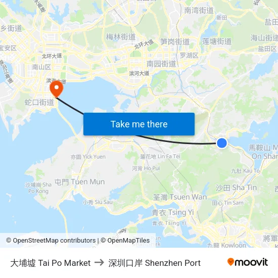 大埔墟 Tai Po Market to 深圳口岸 Shenzhen Port map